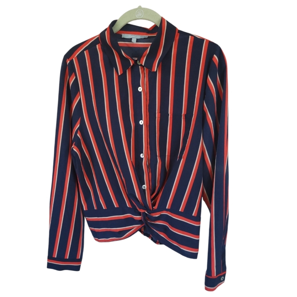 Sweet Rain Large Striped Twist Front Long Sleeve Blouse Top Blue Orange